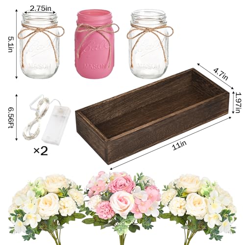 BLEUM CADE Centerpiece Table Decorations - Mason Jar Lights Centerpiece for Kitchen Dining Table Farmhouse Coffee Table Wedding Home Decor with 3 Jars Roses Artificial Flowers & Wood Tray - color: Pink-rose