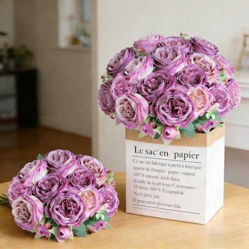 Purple Artificial Peony Bouquet - Silk Fake Peonies with Buds & Foliage, Realistic Faux Flower Arrangement for Wedding Bridal, Party Backdrop Decor, Wreath DIY, Home Table Centerpiece & Door Garland - color: Purple
