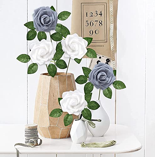 Higfra Artificial Flowers 25pcs Real Looking Himmer Silver Grey Foam Fake Roses with Stems for DIY Wedding Bouquets White Bridal Shower Centerpieces Arrangements Mothers Day Party Tables Decorations - color: Himmer Silver Grey, size: 25Pcs