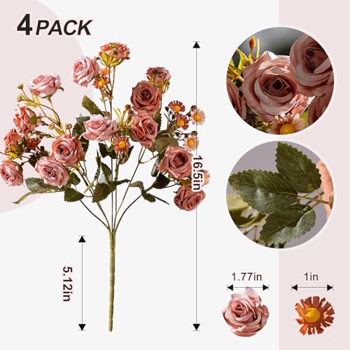 Artificial Rose Flowers for Outdoor 4 Bundles Rose Bouquet with Daisy Faux Flowers UV Resistant for Home Indoor Outside Garden Porch Window Box Balcony Yard Porch Fall Decor (Brown) - color: Brown