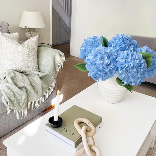 JINWOE Blue Flowers Hydrangea Artificial Flowers, 5Pcs 20Inch Large Lifelike Silk Artificial Hydrangeas, Full Fake Flowers for Bouquet Table Centerpieces Wedding Indoor Home - color: Blue