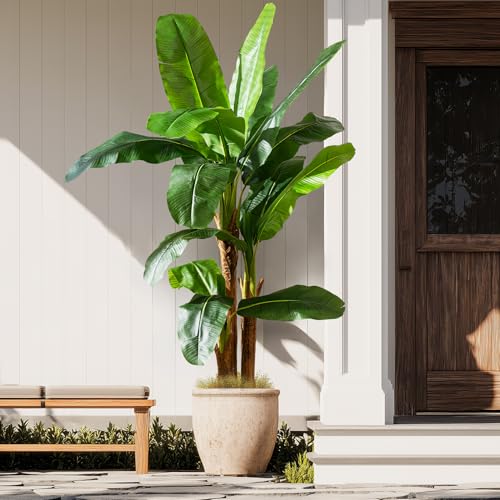 Artificial Banana Tree 6ft, Faux Tropical Palm Tree Plant with Realistic Leaves, Low Maintenance Indoor Outdoor Decor for Home Office Porch, in Nursery Pot - size: 6ft
