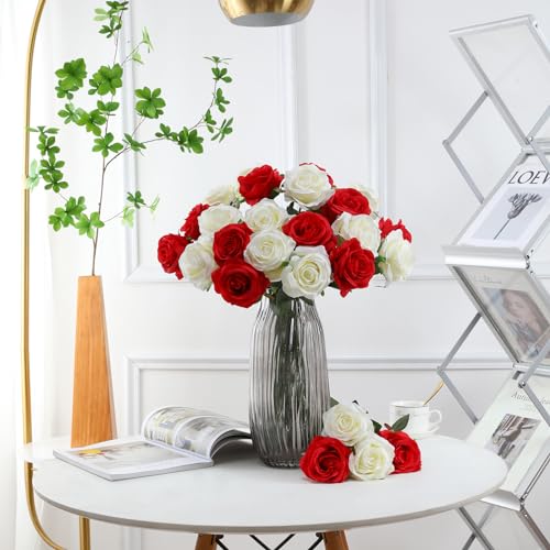 Tifuly Roses Artificial Flowers - 12 pcs Realistic Long Stem Fake Roses Mashup Style Silk Roses for DIY Bouquets Wedding Centerpieces Arrangements Home Party Decor（White & Red） - color: White & Red