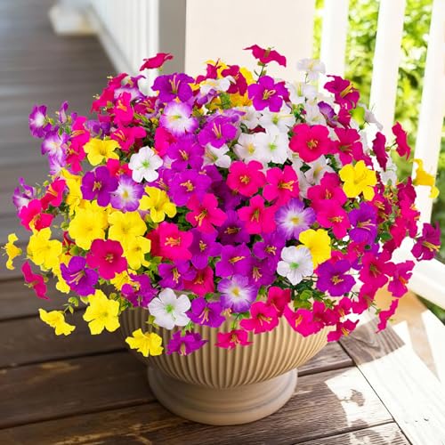 INQCMY Artificial Fake Flowers for Outdoors Decoration,12 Bundles Silk Colorful Morning Glory with Eucalyptus UV Resistant Look Real Faux Flowers for Planter Door Garden Porch Patio Balcony Yard - color: 2 Mixed Color(2 Light Orchid,2 Deep Orchid,2 Violet