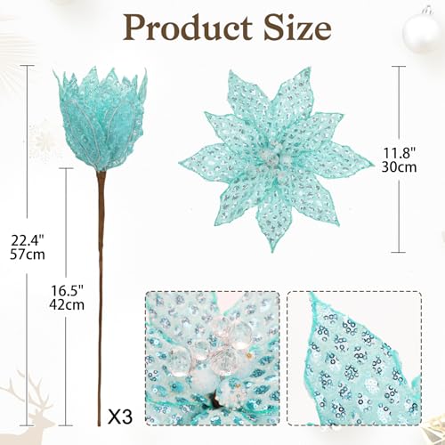 Briful 3PCS Poinsettias Artificial Christmas Flowers 22.4in Long Stem Teal Blue Glitter Mesh Poinsettia Fake Christmas Tree Flower for Xmas Home Wreath Garland Floral Arrangement Holiday Decor - color: Teal Blue