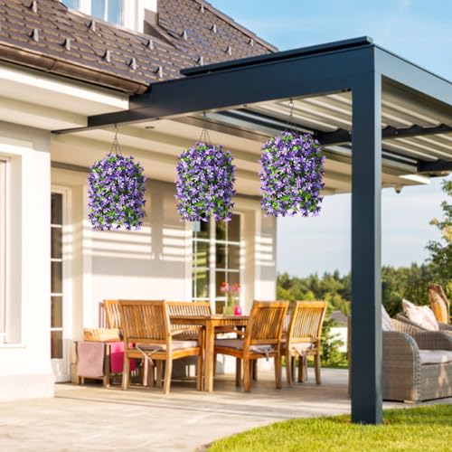 INQCMY Artificial Hanging Flowers in Basket for Outdoor Spring Summer Decoration,4pcs Faux Silk Violet in Planter UV Resistant for Outside Home Patio Garden Porch Deck Decor(Purple Orchid) - color: Purple Orchid