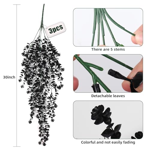 RECUTMS Black Hanging Flowers Faux Hanging Plants Black Artificial Hanging Plant Fake Greenery Faux UV Resistant Hanging Vines Plant for Indoor Outdoor Wedding Halloween Party Fall Wall Decor 3 Packs - color: Black, size: Hanging Plants