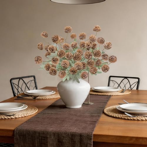 INQCMY Artificial Flowers 12 Pcs Fake Chrysanthemums Faux Kiku Flower Long Stem 20" Realistic Silk Pompon Mums for Vase Wedding Bouquets Centerpieces Home Decor (Coffee) - color: Coffee