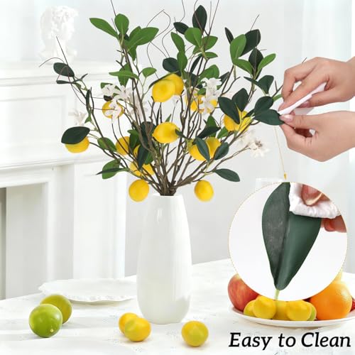 18.7'' Artificial Lemon Branches Fake Lemons Stem Decoration Faux Fruit Branch with Lifelike Leaves DIY Wreath Party Farmhouse Home Kitchen Table Ornament Themed - 4 Pcs