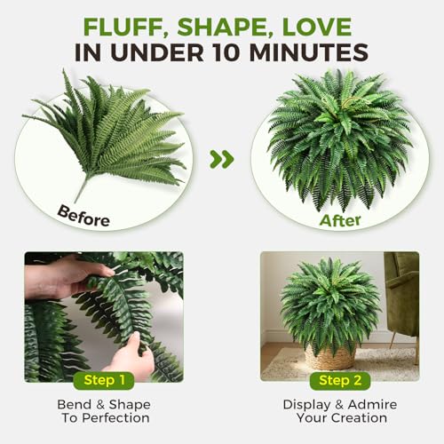 Suntee 48" Large Artificial Ferns 2 Pack, Realistic Fake Boston Fern Plant with 100 Bendable Fronds, UV Resistant Zero Maintenance Faux Bush for Outdoors Garden Patio Porch Living Room Home Decor