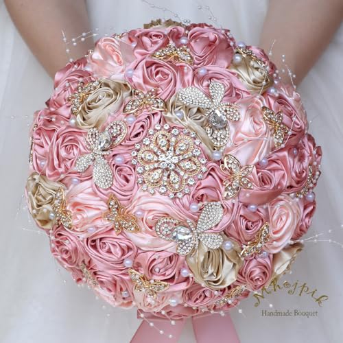 Handmade Wedding Flowers Bouquet Round Holding Bridal Bouquet Artificial Satin Roses Bunch for Bride Bridesmaid Wedding Quinceanera - color: Blush Pink, Light Salmon & Camel Brown, size: Small (Dia. 7.5"/19cm)
