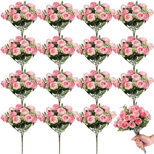Zeyune 16 Bunches 12 Inch Artificial Mini Rose Bouquet 160 Heads Bridal Flower Bouquets Fake Silk Rose Bulk for Valentine's Day Wedding Bridal Shower Home Office Garden(Pink) - color: Pink