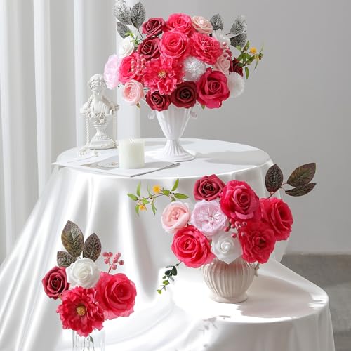 Floweroyal Artificial Flowers Fake Rose Flowers Dahlia with Stems for DIY Wedding Bridal Bouquets, Baby Shower, Floral Arrangement, Table Centerpieces, Home Decorations - color: B Hot Pink