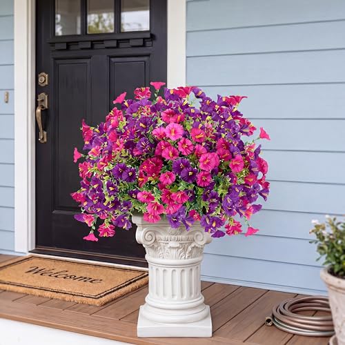 Artificial Flowers for Outdoors 12 Bundles Realistic Faux Plants UV Resistant Fake Silk Morning Glory with Eucalyptus for Front Door Planter Patio Porch Spring Summer Decoration (2 Mixed Color) - color: Mixed 2 Color