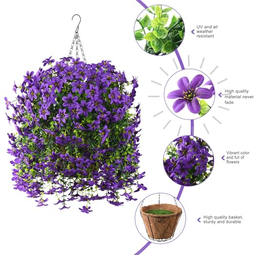Artificial Hanging Baskets Outdoor, 4 Bundles Artificial Hanging Flowers Outdoors Spring Summer Decoration, No Fade Realistic Fake Hanging Baskets for Porch Patio Balcony Home Yard Decor - color: Purple