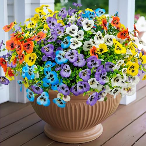 16 Bundles Artificial Fake Pansies Flowers for Outdoors Silk Colorful Pansy UV Resistant Faux Plastic Plants for Outside Planter Front Door Porch Yard Patio Garden Decor (5 Mixcolor) - color: 5 Mixcolor
