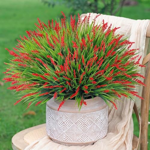 HyeFlora Artificial Fake Flowers Outdoor Plants for Summer Decoration,10 Bundles Faux Plastic Tall Monkey Grass Greenery UV Resistant Realistic Lavender for Home Planter Window Porch Garden-Red - color: Red