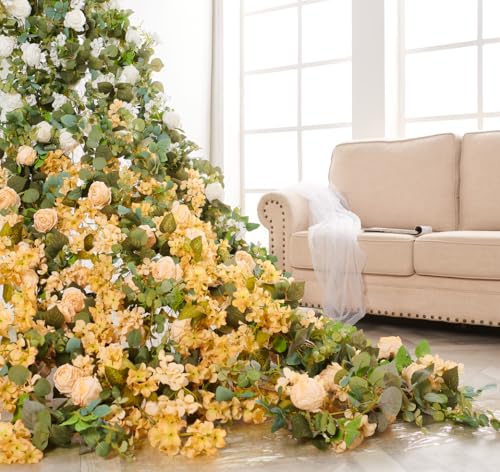PONKING Flower Garland Artificial Rose & Hydrangea Vine Hanging Fake Flowers Vines for Wedding Birthday Party Valentines Christmas Room Wall Arch Decor, 1 Rose & 1 Hydrangea Champagne Floral Garland - color: Large Rose & Hydrangea Champagne Vines 5.4ft