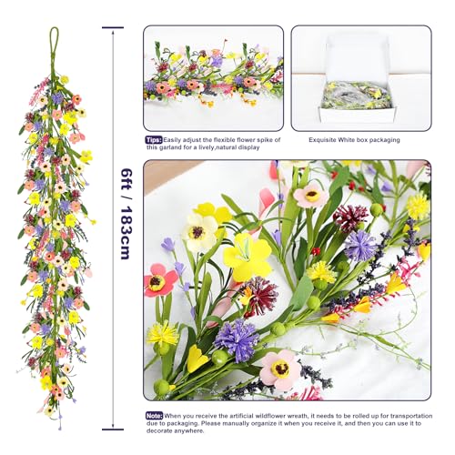 6 ft Artificial Wildflower Garland Wisteria Lavender Daisy Faux Floral Vine Summer Spring Floral Fake Garland All Year Round Home Decor for Indoor Outdoor Home Wedding Arch - color: Wildflower02