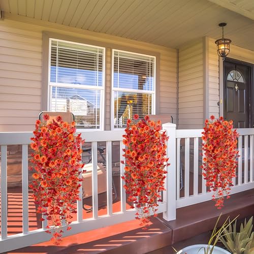 Hrobek Artificial Fall Hanging Flowers for Decoration, 2pcs Long Vine Fake Flowers Plants Morning Glory, Realistic Faux Petunias for Planter Patio Porch Garden Autumn Outdoors Dec, Orange Red - color: Z-orange Red