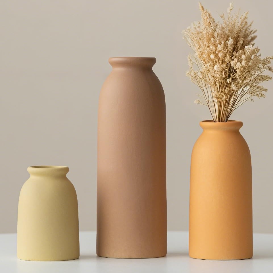 Ceramic Vase Set-3, Small Flower Vases for Decor, Modern Boho Farmhouse Style, Decorative Vases for Pampas Grass & Dried Flowers, Distressed Finish (Brown Mix) - color: Brown Mix