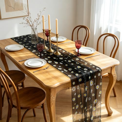 Daisy Gauze Table Runner 120 Inch 10FT, Floral Flower Tulle Table Runner Seasonal Kitchen Dining Table Decorations for Party Wedding Christmas Holiday Birthday (Black) - color: Black