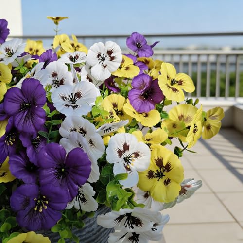 20 Pcs Artificial Fake Pansy Flowers for Outdoors, Faux Silk Pansies Spring Flowers UV Resistant Artificial Plants Outdoor for Planter Front Door Porch Yard Patio Home Decor(Purple Yellow White) - color: Purple, Yellow, White, size: 20 Pcs