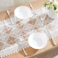 LinenZone White Farmhouse Table Runner with Flower Design. 36 Inch Macrame Dining Runner for Coffee Table. (Viola 16 x 36, White) - color: White, size: 36" x 16" (Rectangular)