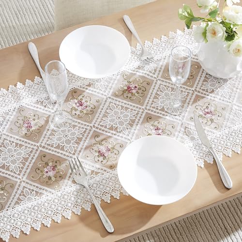LINENZONE White Farmhouse Table Runner with Flower Design. 72 Inch Dining Table Runner for Holiday or Wedding. (Viola 16 x 72, White) - color: White, size: 72" x 16" (Rectangular)
