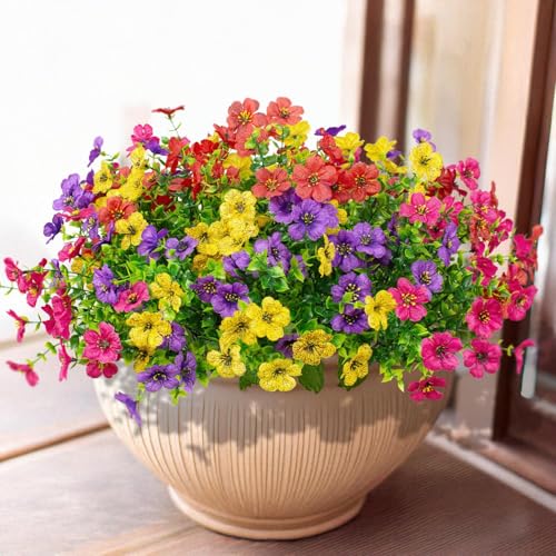16 Bundles Artificial Flowers Outdoor Spring Summer Decoration Fake Silk Colorful Daisy Eucalyptus Realistic UV Outside Faux Plants for Garden Porch Window Box Home Decor(Red Yellow Pink Purple) - color: Mixed Color(red Yellow Pink Purple)