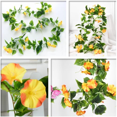 Fake Morning Glory Hanging Plants, Artificial Vines Silk Flowers Faux Ivy Plastic Greenery Garland Plant for Home Garden Yard Wall Fence Stairway Wedding Party Basket DIY Decoration Orange 2 Pack - color: Morning Glory Vines - Orange 2 Pcs