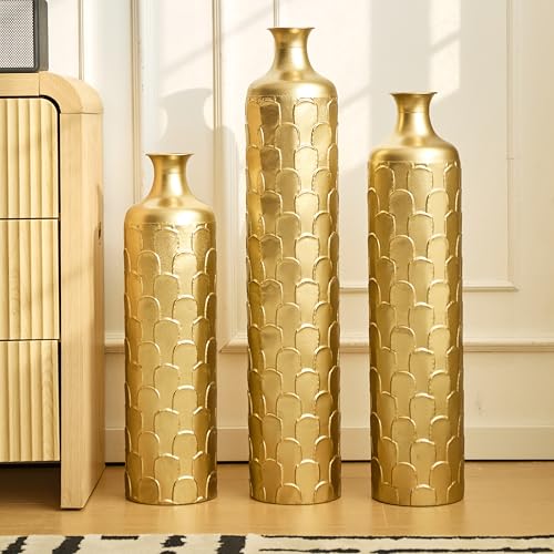 Metal Floor Vases Decorative, Set of 3 Flower Arrangement Stand, Metal Decorative Vase Tall Distressed Metallic Centerpiece Vases, 34.25", 29.33", 25.2" H (Gold1) - color: Gold1