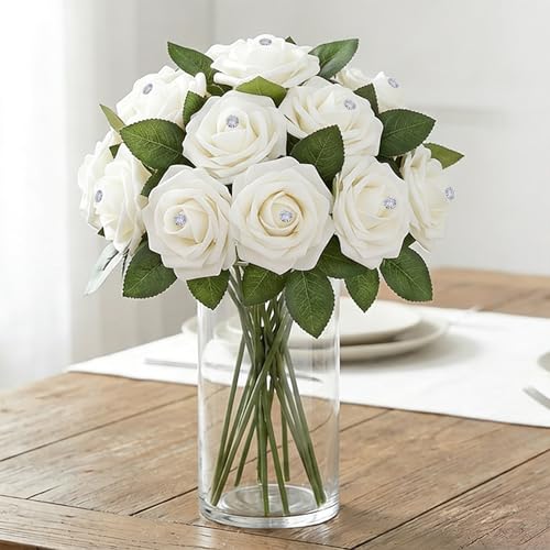 100Pcs Real Looking White with Diamonds Artificial Rose Flower Heads, Foam Fake Roses for DIY Wedding Decorations Baby Shower Centerpieces Home Party Valentine's Day Mother's Day Decor - color: 100pcs White With Diamonds