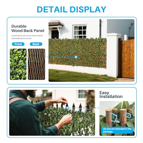 Patio Paradise 1PC Artificial Ivy Expandable Privacy Fence Screen Faux Greenery Wall Green Vines Leaf Hedge Outdoor Lattice Panels Covering for Apartment Balcony Deck Porch Backyard, Single-Side - color: Ficus Leaves