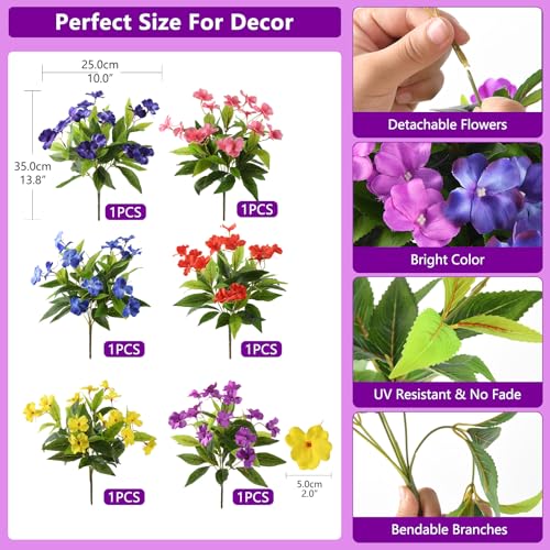 Hommyea Artificial Fake Flowers for Outdoor, 6 Bundles UV Resistant Faux Plants Decoration Silk Flowers No Fade Plastic Flowers for Outside Planters Home Porch Patio Yard Garden Decor - color: Multi Color