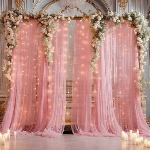 10ft x 8ft Dusty Rose Backdrop Curtain with Lights String for Parties, Sheer Tulle Wedding Photo Backdrops Drapes for Baby Shower Birthday Party Decorations Background for Photography - color: Dusty Rose, size: W5' x H8'(2 panels)