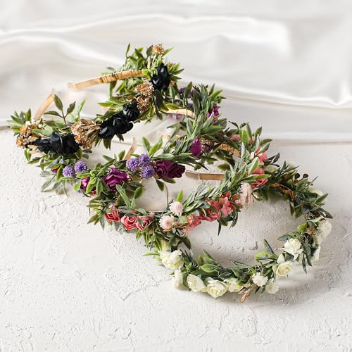 Black Flower Crown Headband, Fairy Dark Floral Headpiece with Gold Leaf, Woodland Elf Gothic Flower Headband for Women Girls Renaissance Renfaire Fantasy Cosplay Party Hair Accessories - color: Black