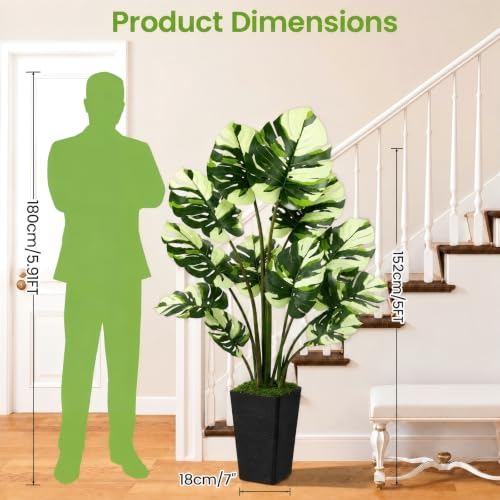 UPBUD Artificial Monstera Deliciosa Plant, 5FT Fake Tree with Real Touch Leaves & Black Square Planter, 60in Tall Faux Plants Floor Trees for Indoor Outdoor Home Living Room Office Decor - color: White Leaves Black Planter
