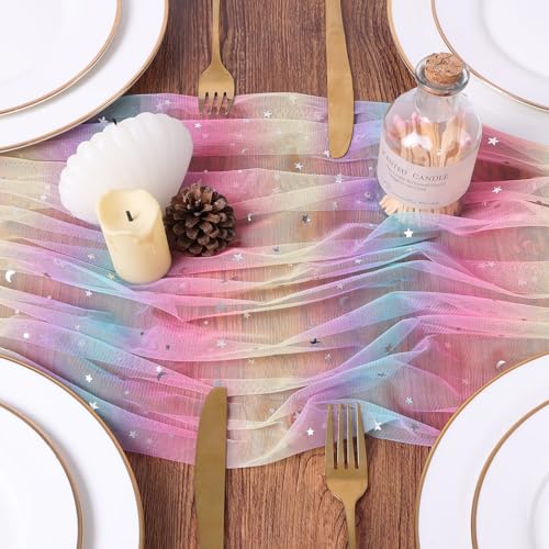 Iridescent Moon and Stars Gauze Table Runner 120 Inch 10FT Rainbow Tulle Silver Sequin Glitter Table Runner Colorful Dining Wedding Rainbow Birthday Decorations Unicorn Decor Holiday Home Party - color: Rainbow, size: 10 ft × 1 pc