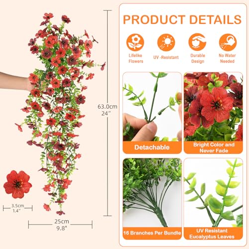 Artificial Hanging Flowers for Outdoors, 2 Pcs Fake Hanging Plant for Spring Decoration, UV Resistant No Fade Faux Silk Daisy Flower for Planter Porch Patio Yard Garden Outside Decor(Red Brown) - color: Red Brown