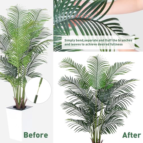 Artificial Palm Tree with White Tall Planter, 6ft Tall Potted Artificial Silk Palm Tree Plant, Fake Tropical Plant, Home Office Floor Room Decor Plants Indoor Outdoor, Housewarming Gift - size: 6ft