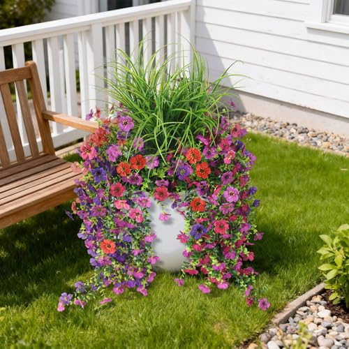 Artificial Hanging Flowers with Wheat Grass for Outdoors, 5 Pcs Fake Hanging Plants for Spring Decor, UV Resistant Faux Silk Flower Greenry for Planter Porch Patio Yard Garden(Mixd Purple Red) - color: Z Mixd Purple Red With Grass