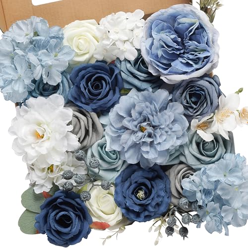 Dusty Blue Flowers Artificial Roses Combo Set Fake Royal Blue Silk Flowers Faux Peony Flowers Mix Dahlia with Stems for Wedding Bouquets Baby Bridal Shower Party Floral Arrangements Decor - color: Dusty Blue, size: The Modern Classic