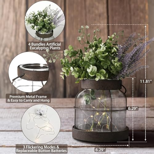 Vintage Glass Farmhouse Vase, Rustic Lantern Decor with Plants Lavenders Lights Vintage Style Vase for Home Decor Floral Arrangement Housewarming Hostess Gift - color: Vase+greenery+light+lavender
