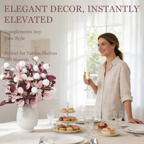 Dallisten Fake Flowers for Vase, 15 pcs Faux Silk Pompom Mum Artificial Flowers with Eucalyptus Stems, Mini Floral Long Stem Arrangements for Home Decor, Wedding, Table Centerpieces DIY Floral Designs - color: Burgundy+light Pink+white
