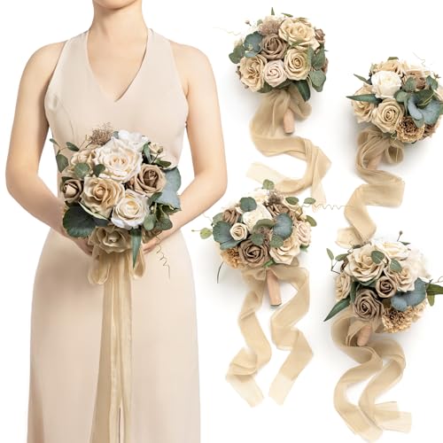 Ling's moment Artificial Bridesmaid Bouquets Set of 4,Oatmeal Beige Wedding Flower Bouquets Floral Bouquet Bridal Bouquets with Ribbon Ceremony Anniversary,7-inch Diameter - color: Br-beige