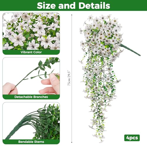 Roberly 4 Pcs Artificial Hanging Flowers for Outdoors, Realistic Faux Silk Flowers UV Resistant Fake Greenery Plants for Spring Summer Garden Porch Indoor Outdoor Home Decor, White - color: White