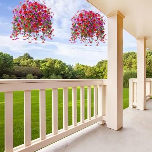 Artificial Fake Hanging Flowers Plants with Basket Spring Outdoor Decor,Faux Silk Flowers with Eucalyptus in Planter No Fade Flower in Basket for Farmhouse Home Garden Porch Patio Balcony(Red Purple) - color: Red Purple