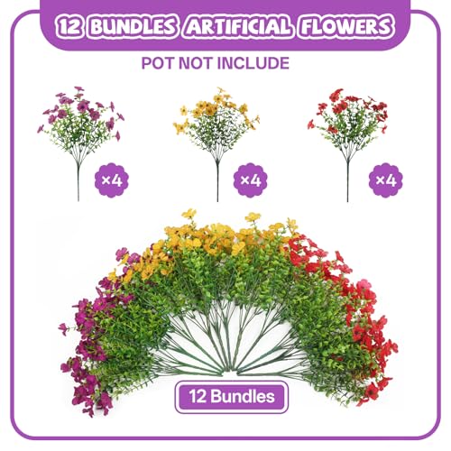 Artificial Flowers Faux Plants for Outdoor, 12 Bundles Realistic Silk Artificial Daisy with Eucalyptus, UV Resistant Fake Flower Plants for Outside Front Porch Garden Patio Decor (Mix-3 Colors) - color: Mix-3 Colors