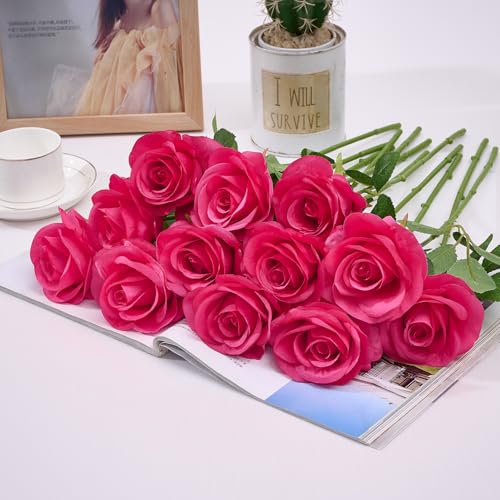 60 PCS Fake Hot Pink Roses Artificial Flowers Bulk Realistic Silk Faux Rose with Stems for Wedding Decoration Anniversary Bridal Bouquet DIY Floral Arrangement Romantic Home Decor Gifts - color: Hot Pink